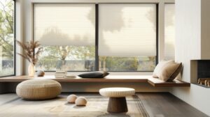 Modern interior window with energy efficient cellular shades, featuring honeycomb design for superior thermal insulation and light control in a stylish home setting.