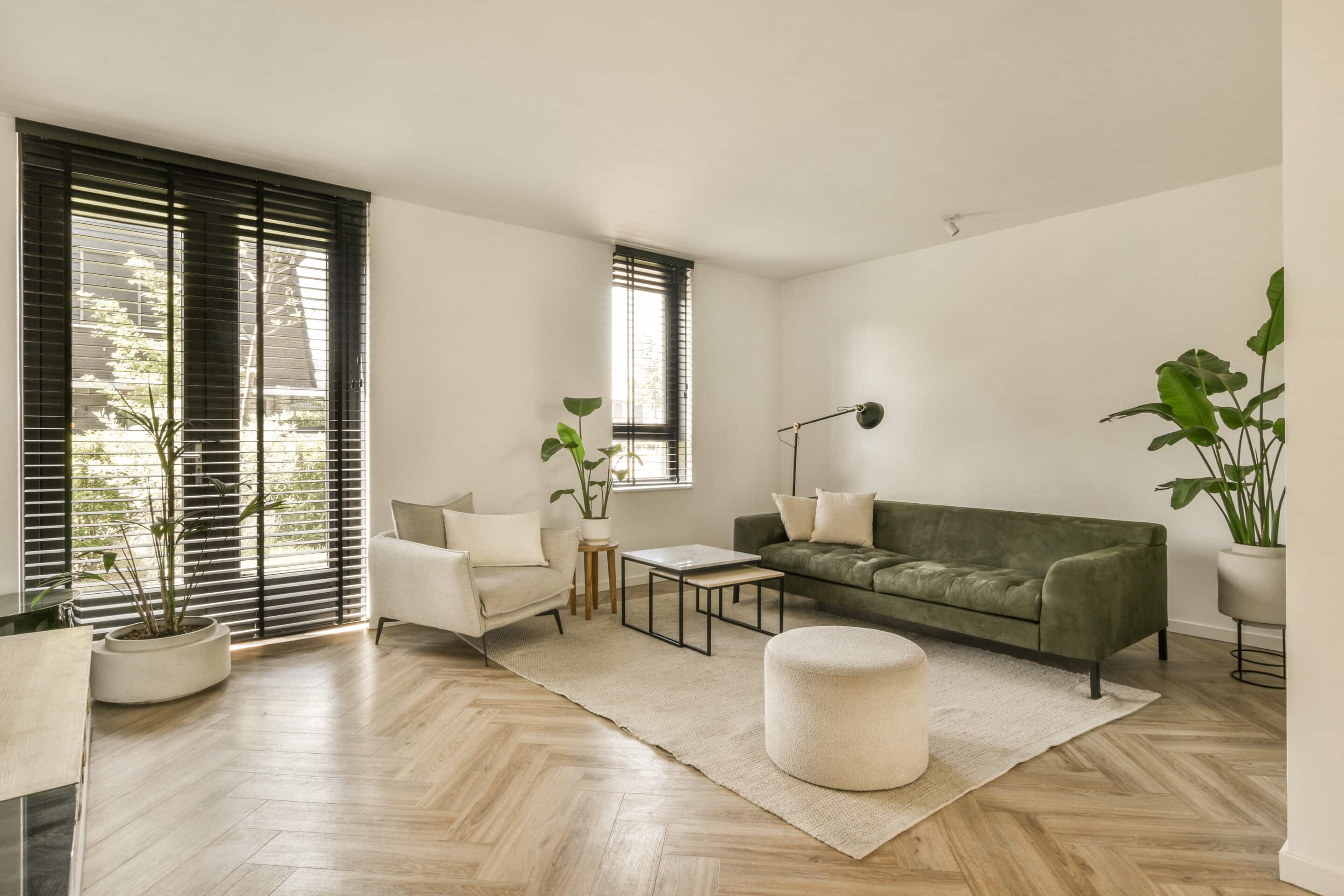 a living room with a green couch and a rug